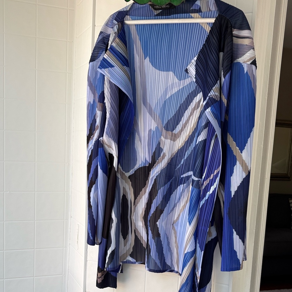 Ming Wang Blue Multi-Color Pleated Open Front Jacket